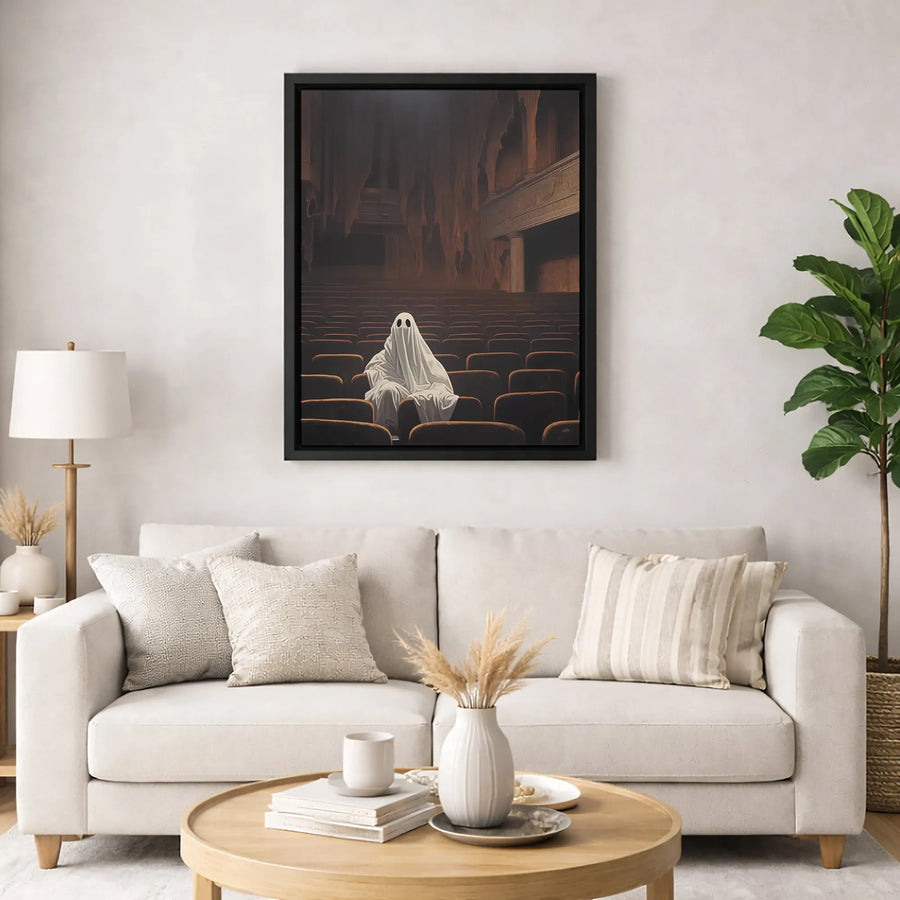 Ghost in Movie Theater Canvas Wall Art | Surreal Horror Movie Decor | Premium Gallery Wrap Print | Spooky Gothic Home Decor Gift for Film Lovers