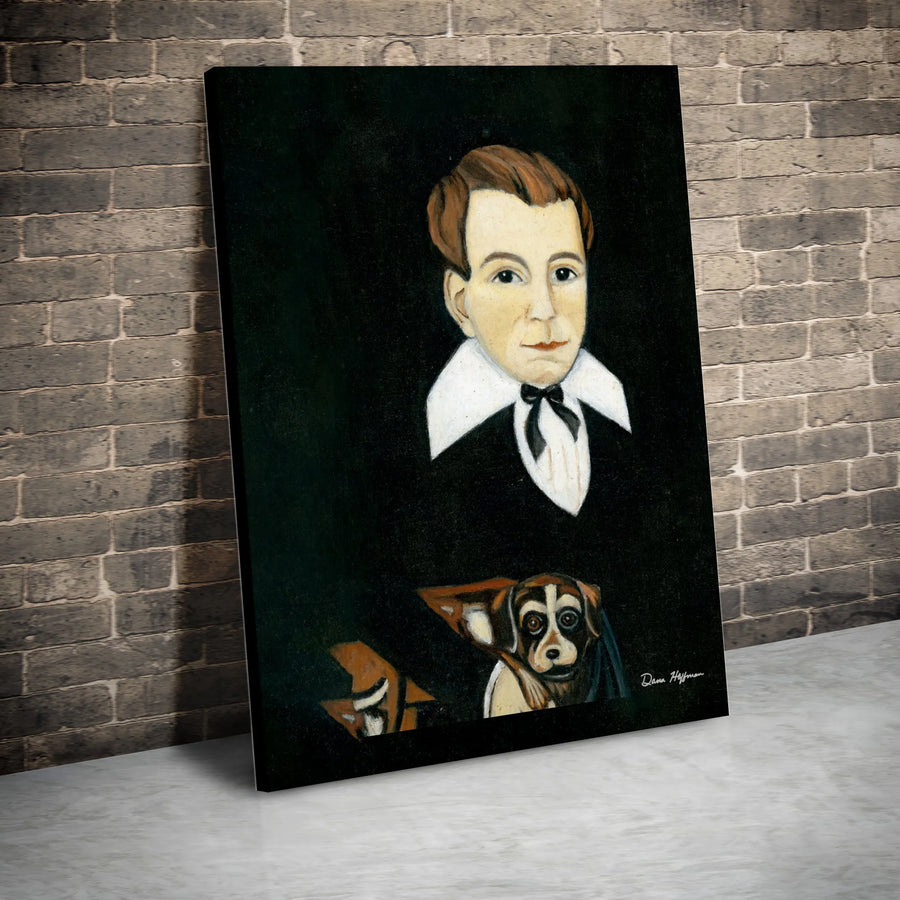 Folk Art Portrait Canvas Print | Vintage Style Man and Dog Oil Painting Wall Decor | 1.25 Inch Gallery Wrap | Unique Gift for Dog Lovers