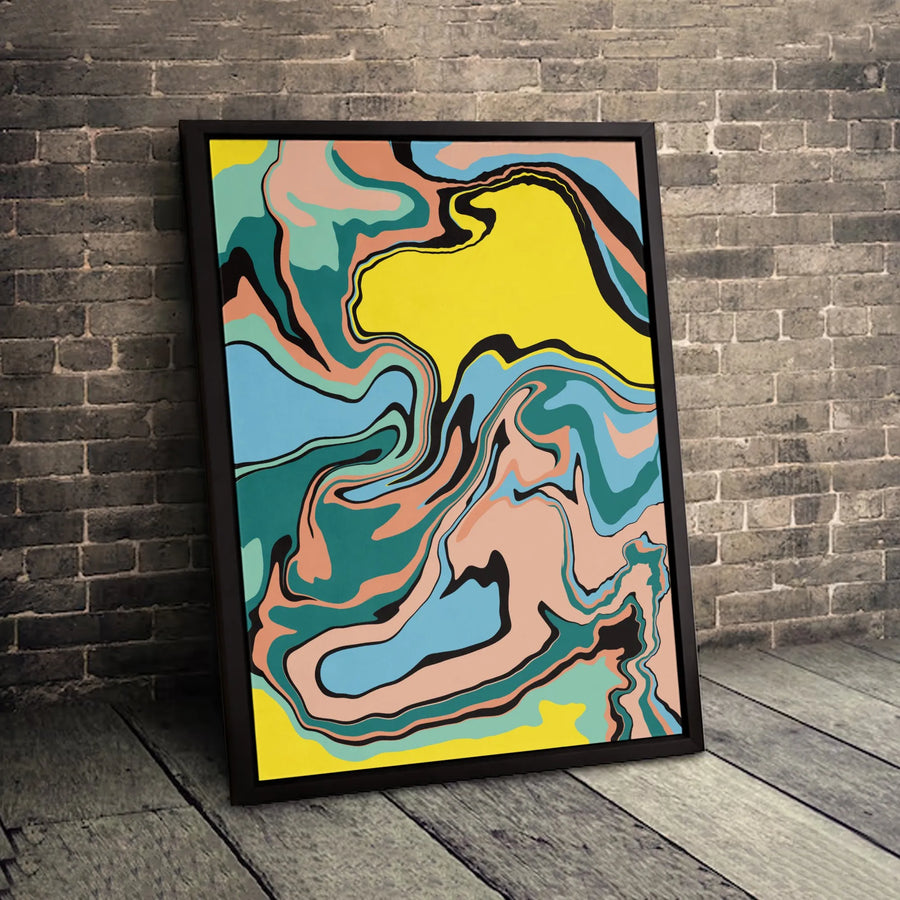 Abstract Liquid Marble Wall Art | Vibrant Yellow Teal and Peach Modern Decor | Premium Gallery Wrap Canvas | Statement Piece for Living Room