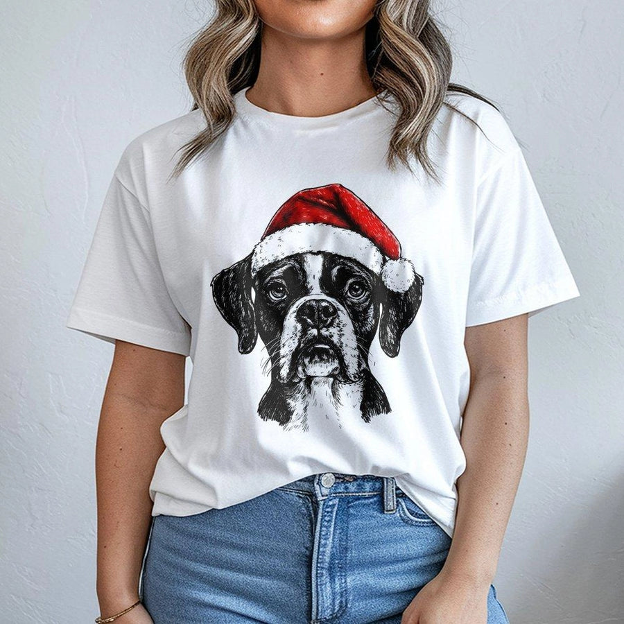 Boxer Dog Christmas T-Shirt | Festive Santa Hat Graphic Illustration | Premium Soft Cotton Blend | Holiday Gift For Dog Lovers & Pet Owners