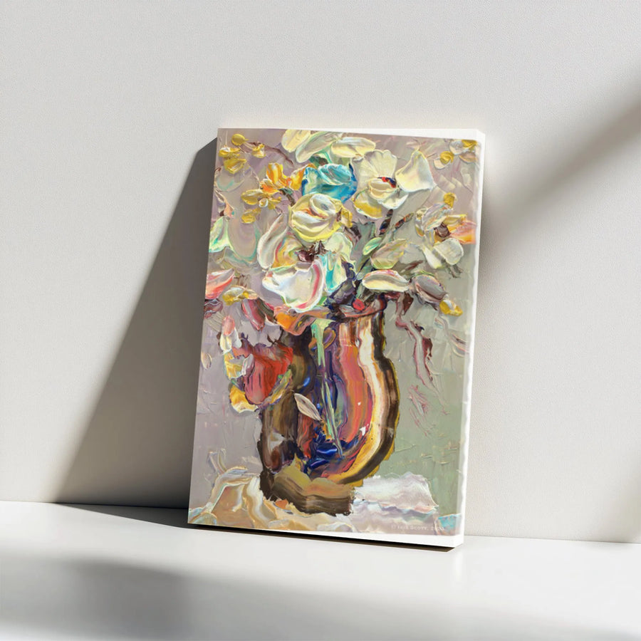 Textured Floral Vertical Canvas | Impasto Style Flowers in Venetian Glass Vase | 1.25" Thick Gallery Wrap | Premium Home Decor Gift