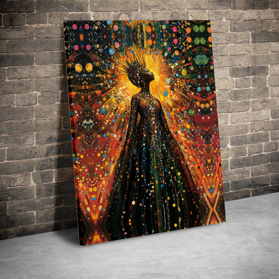 Afrocentric Woman Canvas Art | Cosmic Light Burst Design | Premium Gallery-Wrapped Wooden Frame | Spiritual Celestial Wall Decor for Home