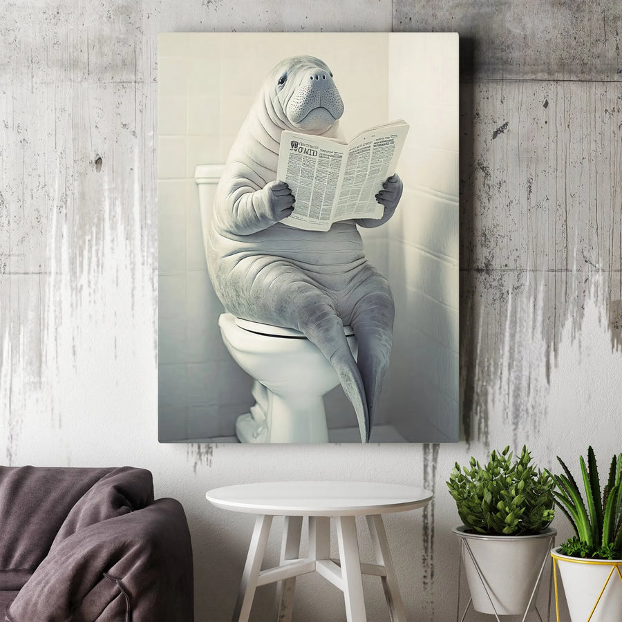 Manatee Bathroom Wall Art | Funny Sea Cow Reading Newspaper Canvas | Premium 1.25-Inch Gallery Wrap | Whimsical Home Decor Gift for Animal Lovers