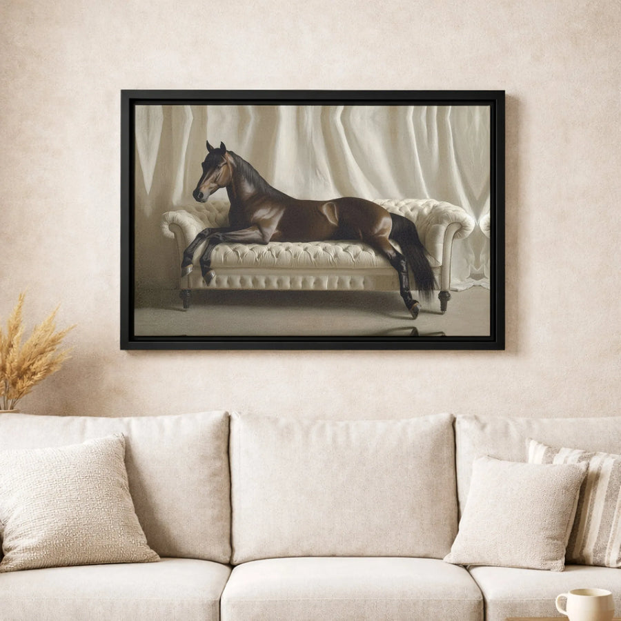 Horse On Fainting Couch Wall Art | Surreal Equestrian Home Decor | Premium Gallery Wrapped Canvas | Whimsical Animal Lover Gift
