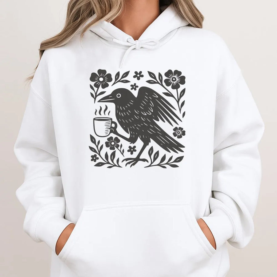 Gothic Crow Coffee Lover Hoodie | Vintage Floral Bird Graphic Sweatshirt | Premium Cotton Blend | Dark Academia Unisex Gift