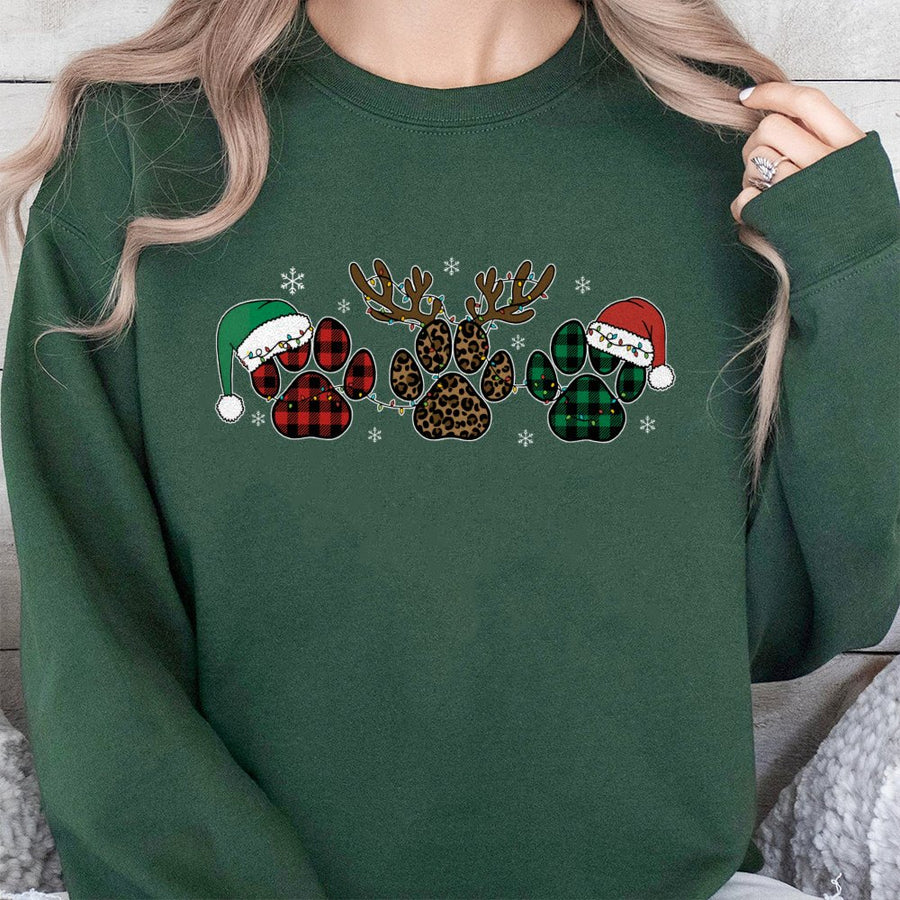 Christmas Dog Paw Sweatshirt | Buffalo Plaid Leopard Print Santa Hat Design | Premium Cotton Blend | Holiday Gift For Dog Lovers