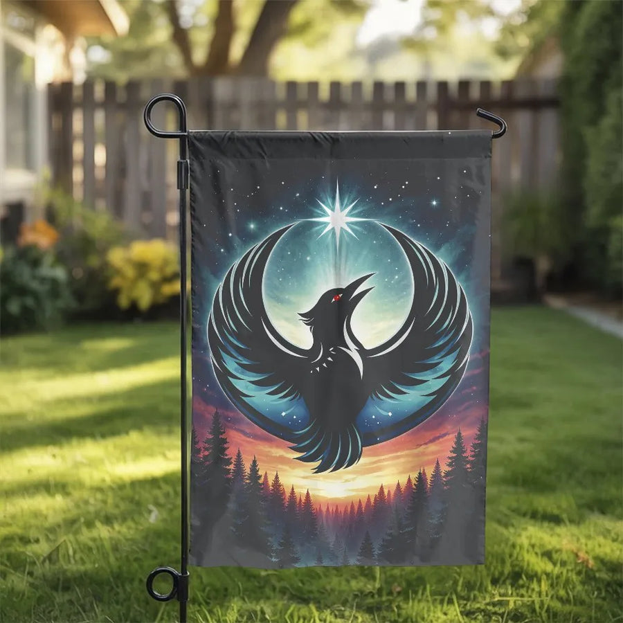 Mystic Raven Garden Flag | Celestial Night Sky & Forest Design | Double-Sided Premium Polyester | Outdoor Decor Gift for Mythology Lovers
