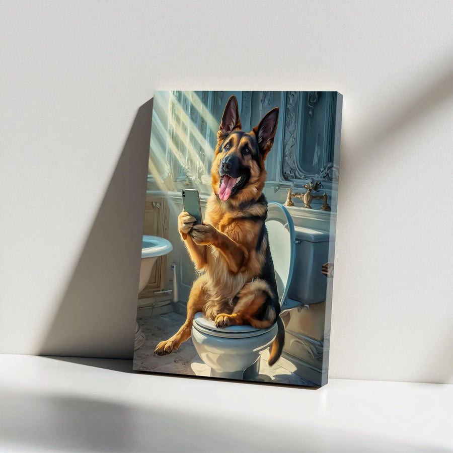 German Shepherd on Toilet Canvas Art | Funny Dog Bathroom Decor | Premium Gallery Wrapped Print | Unique Housewarming Gift for Dog Lover