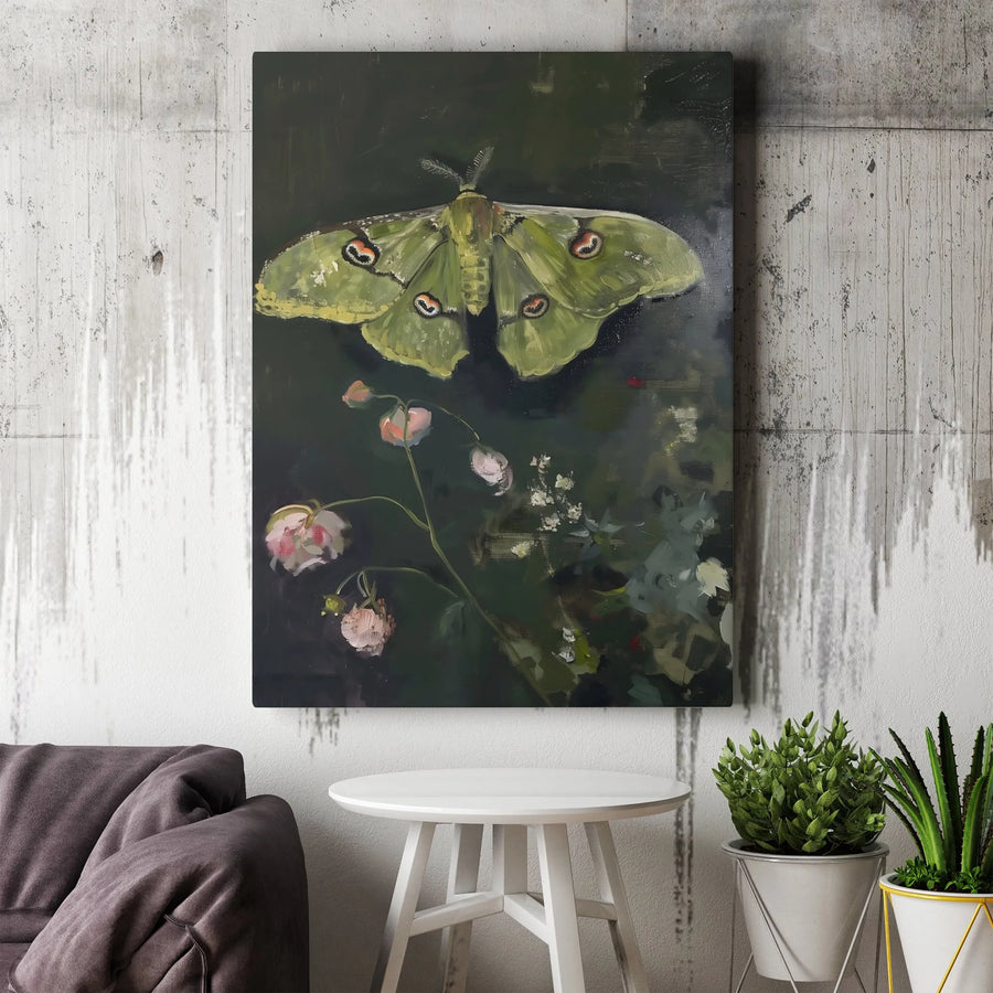 Luna Moth Art Vertical Canvas | Moody Vintage Botanical Style Print with Flowers | Premium 1.25" Gallery Style Canvas | Dark Cottagecore Decor Gift for Nature Lovers