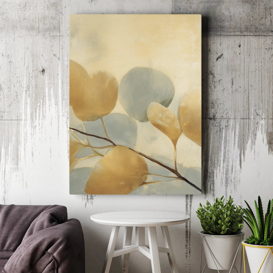 Abstract Gold Leaf Vertical Canvas | Minimalist Botanical Print with Gold Accents | Premium Frameless Gallery Canvas | Modern Home Decor Gift
