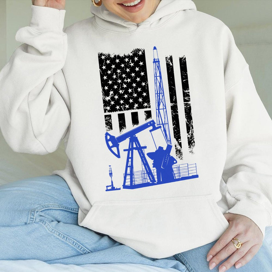 Oilfield Worker Hoodie | American Flag Oil Rig Graphic Design | Premium Cotton Blend | Patriotic Gift for Roughnecks and Energy Industry Professionals