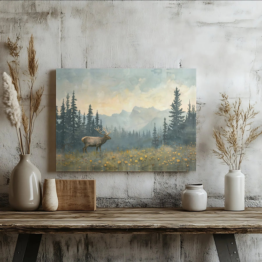 Vintage Elk Canvas Wall Art | Misty Pine Tree Landscape Painting | Premium Gallery Wrapped Art | Rustic Cabin & Lodge Decor Gift