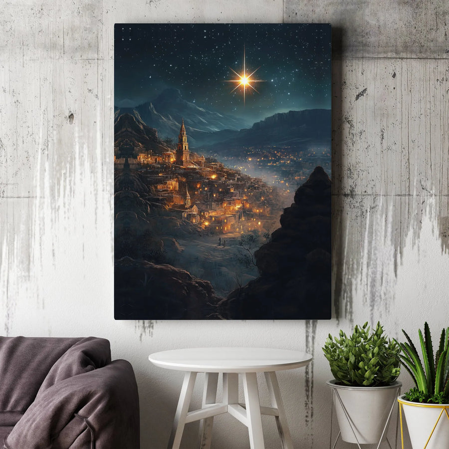 Star of Bethlehem Canvas Art | Nativity Mountain Village Scene | Gallery Wrapped Premium Wall Decor | Religious Christmas Home Gift