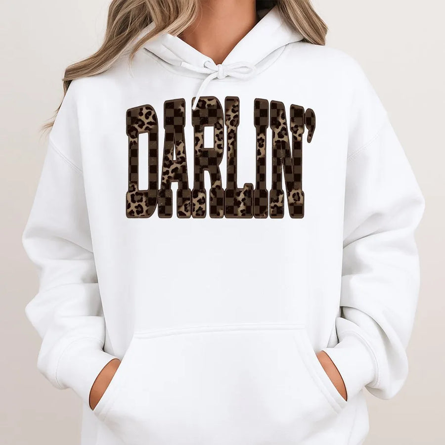 Darlin' Western Hoodie | Leopard & Checkered Graphic Sweatshirt | Premium Cotton-Blend | Southern Cowgirl Gift for Country Music Fans