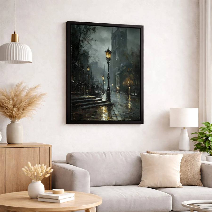 Gothic Cityscape Canvas Print | Moody Rainy Street Lamp Wall Art | Premium Gallery-Wrapped Decor | Dark Academia Gift for Home Office