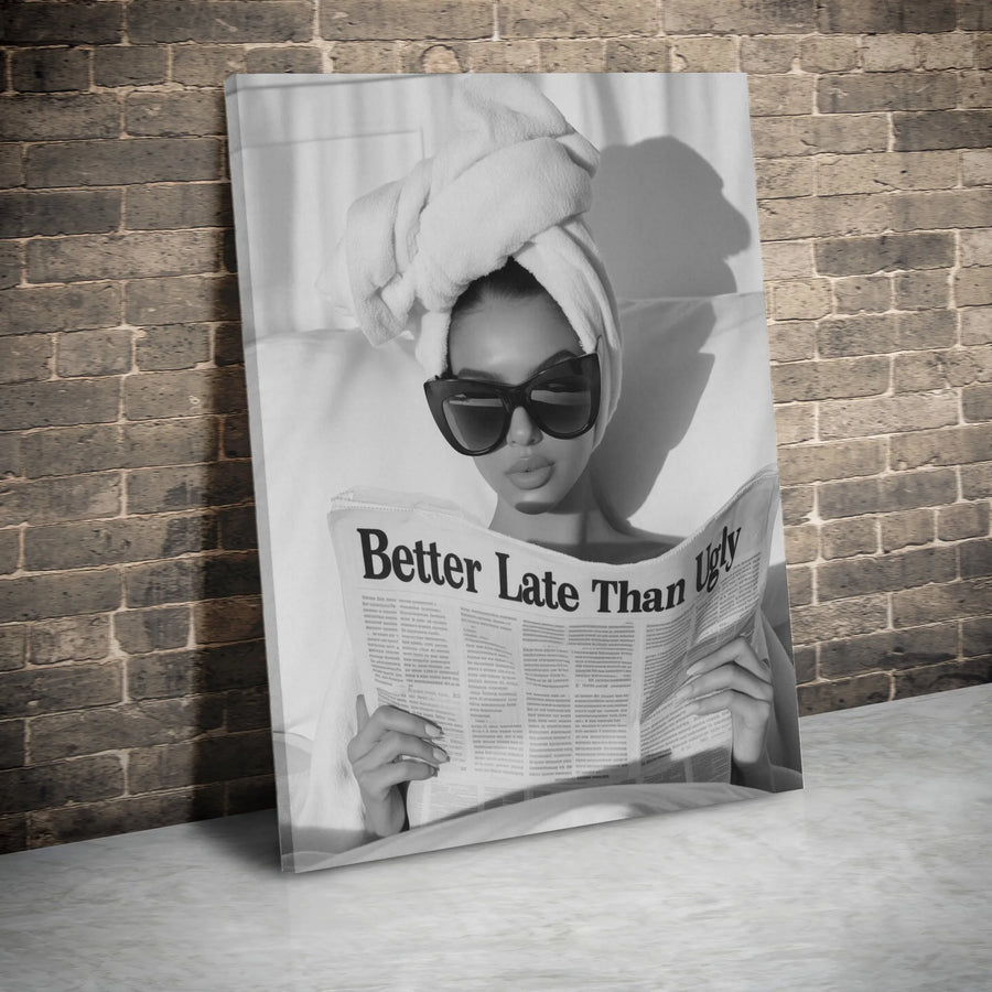 Better Late Than Ugly Wall Art | Funny Newspaper Quote Canvas Print | Premium Gallery Wrapped Decor | Chic Bathroom Wall Decor for Women