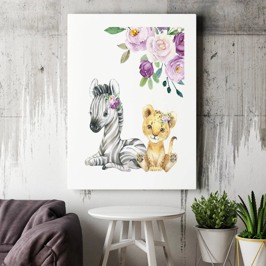 Baby Nursery Wall Art | Watercolor Zebra and Lion Cub with Floral Details | Premium Gallery Wrap Canvas | Cute Animal Safari Theme for Baby Room Decor