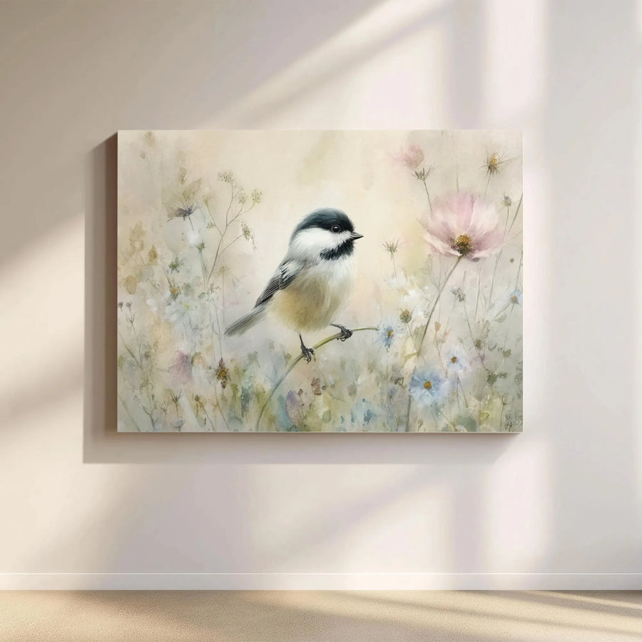 Chickadee Canvas Wall Art | Watercolor Painting of Chickadee in Wildflowers | Premium Gallery Wrap Canvas | Gift for Bird Lover & Farmhouse Decor