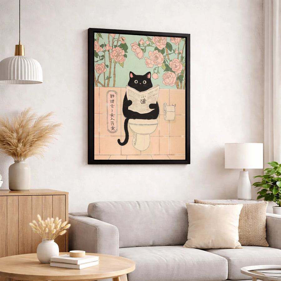 Black Cat Reading Newspaper On Toilet | Japanese Ukiyo-E Art Print | Premium 1.25" Gallery Canvas | Funny Bathroom Wall Decor Gift