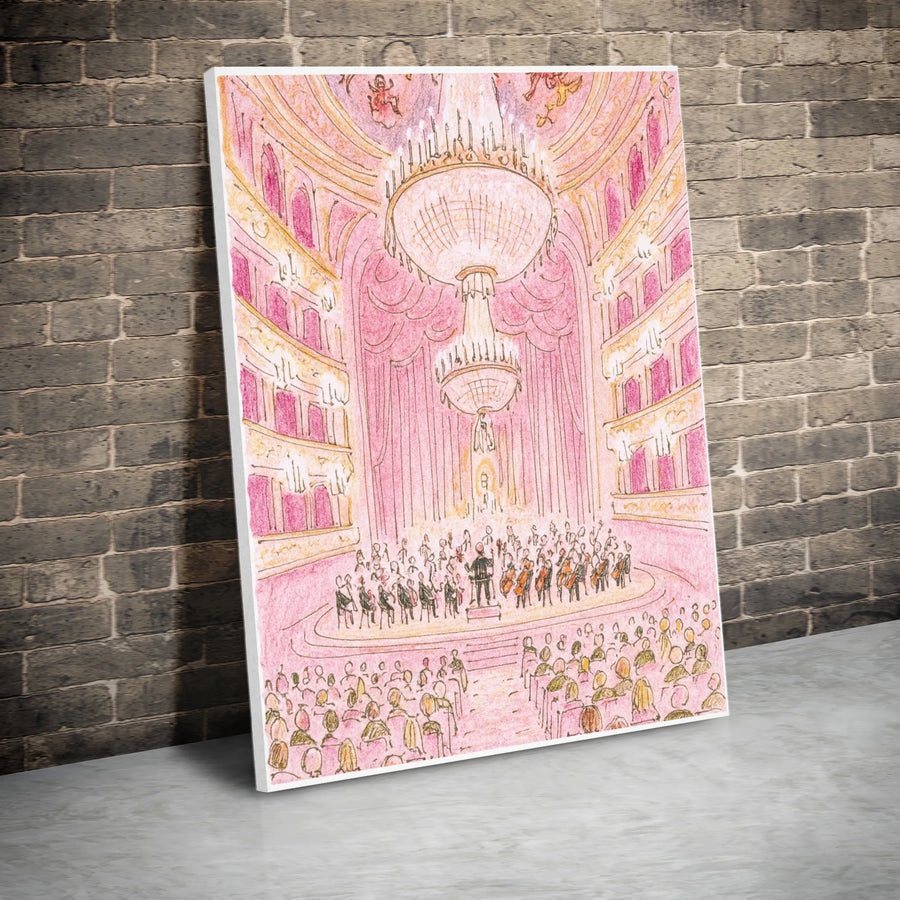Opera House Wall Art | Pink Symphony Orchestra Illustration | Premium Gallery Canvas | Music Lover Gift Decor