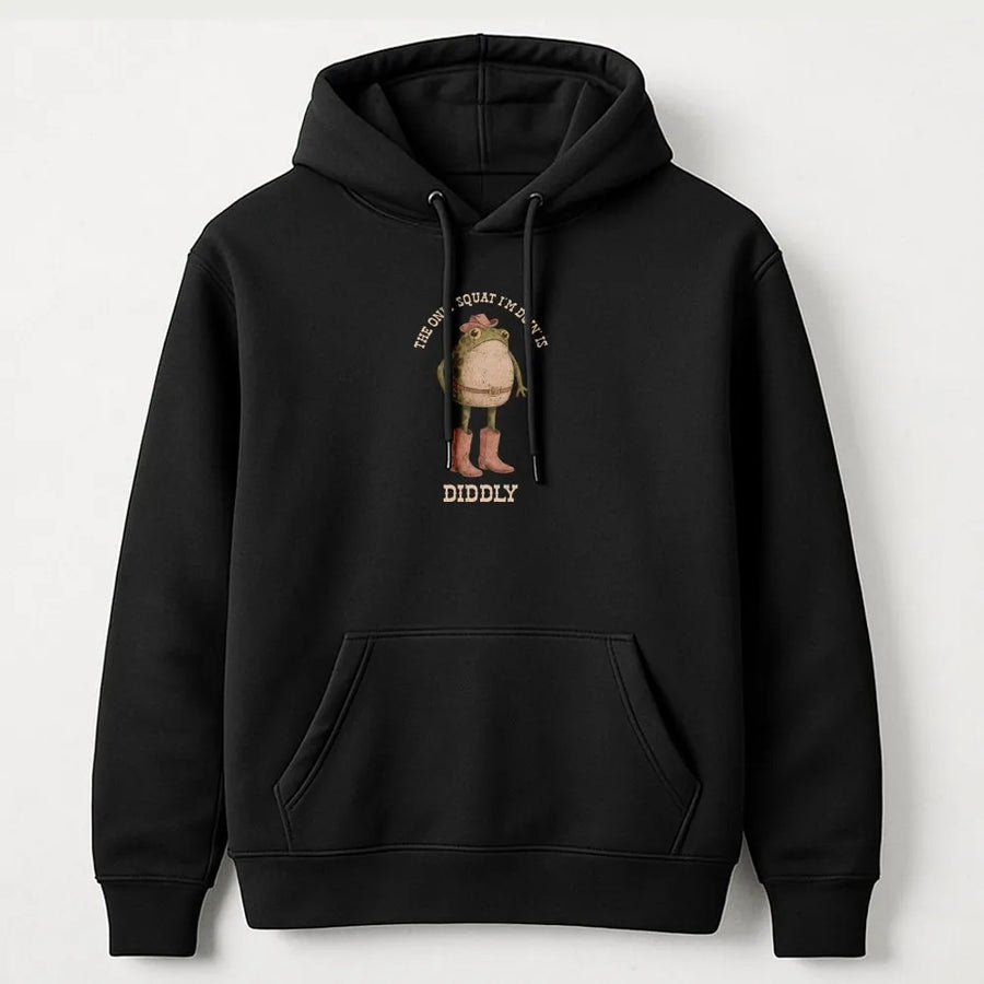 Funny Cowboy Frog Hoodie | The Only Squat Is Diddly Quote | Soft Graphic Sweatshirt | Sarcastic Western Humor, Lazy Gym Gift