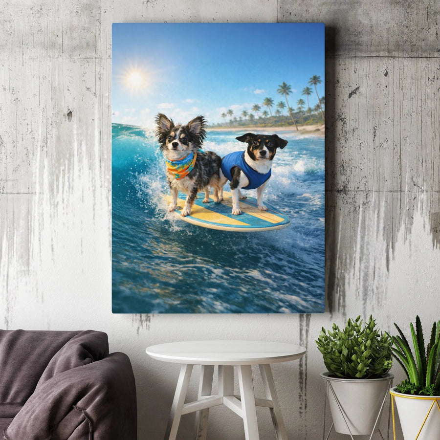 Surfing Dogs Canvas Wall Art | Funny Tropical Beach Scene | Premium Thick Gallery Wrap | Gift for Dog Lover, Beach House Decor