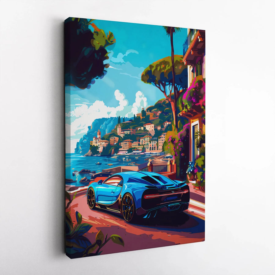 Luxury Sports Car Wall Art | Mediterranean Coastal Road Trip Illustration | Premium Gallery Wrapped Canvas | Gift for Car Enthusiasts