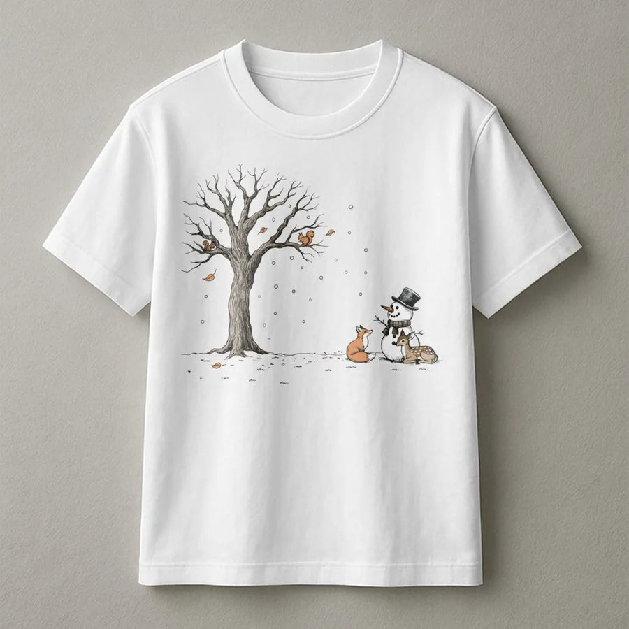 Winter Forest Animals T-Shirt | Cute Snowman and Woodland Critters Graphic | Premium Soft Cotton | Holiday Gift for Nature Lovers