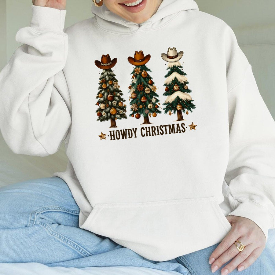 Western Christmas Tree Hoodie | Howdy Christmas Cowboy Hat Graphic | Cotton-Poly Blend Sweatshirt | Cozy Holiday Gift For Cowgirls