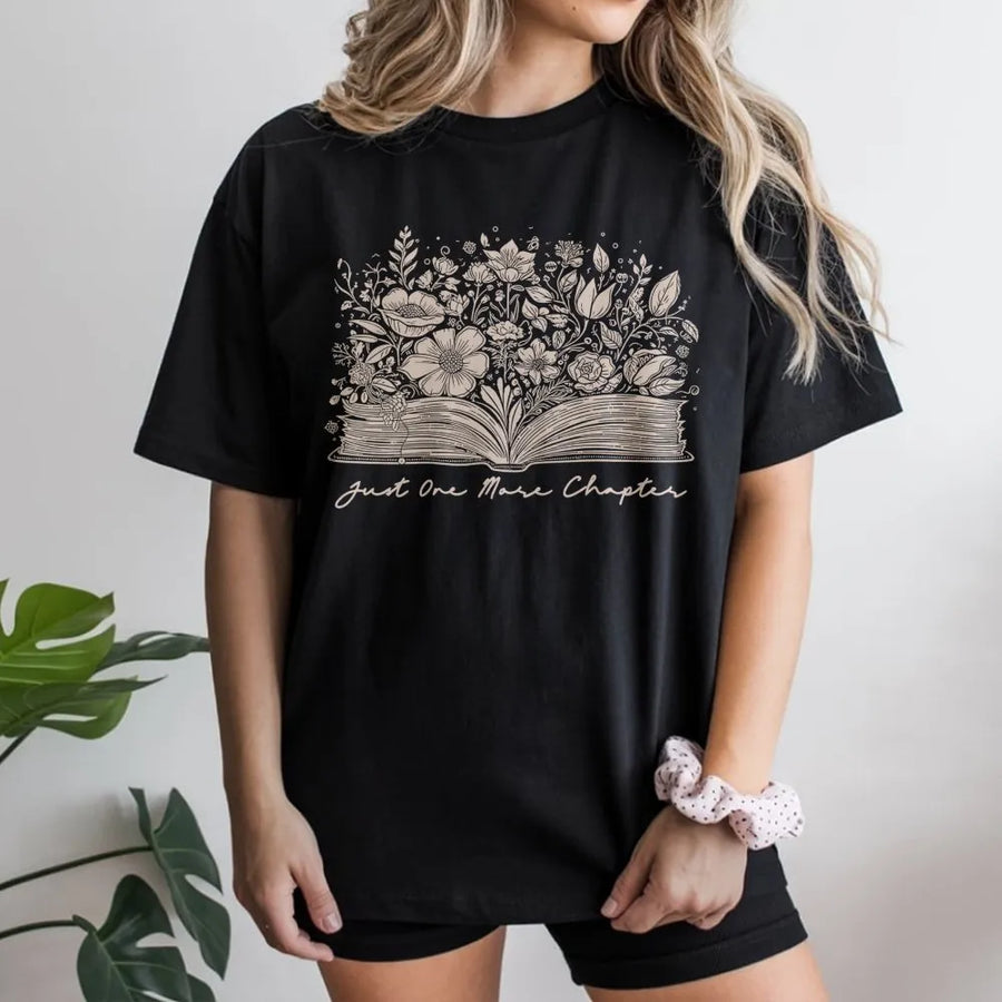Just One More Chapter Book T-Shirt | Floral Open Book Reading Graphic | 100% Cotton Premium Tee | Gift for Book Lovers and Librarians