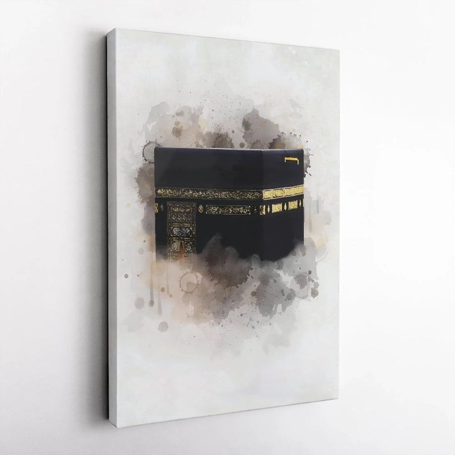 Kaaba Mecca Canvas Wall Art | Watercolor Splatter Islamic Decor | Premium Gallery Wrap Print | Spiritual Home Office Gift for Muslim Decor