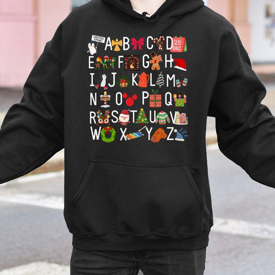 Christmas Alphabet Hoodie | Holiday ABC Teacher Graphic | Cotton-Poly Blend Sweatshirt | Cute Festive Gift for Teachers and Educators