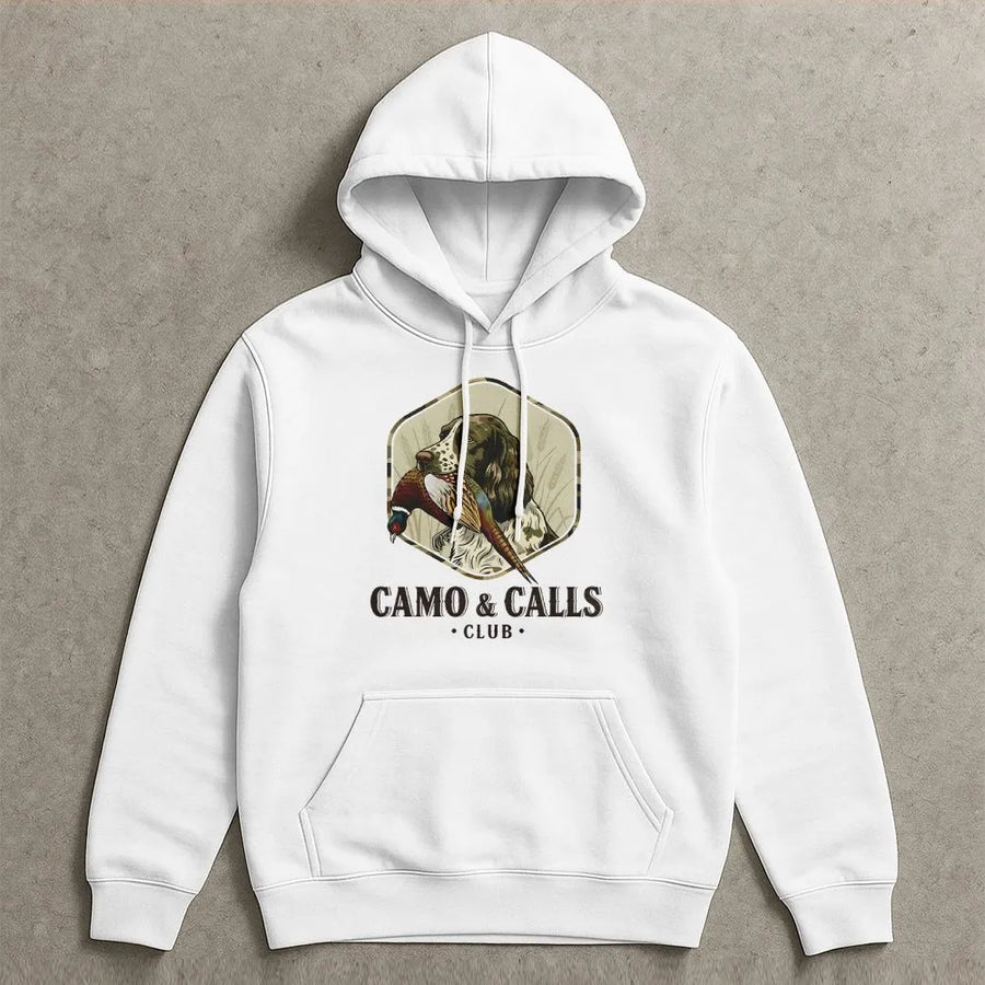 Camo & Calls Hunting Hoodie | Springer Spaniel Bird Dog Graphic | Premium Cotton-Poly Blend | Gift for Pheasant Hunters