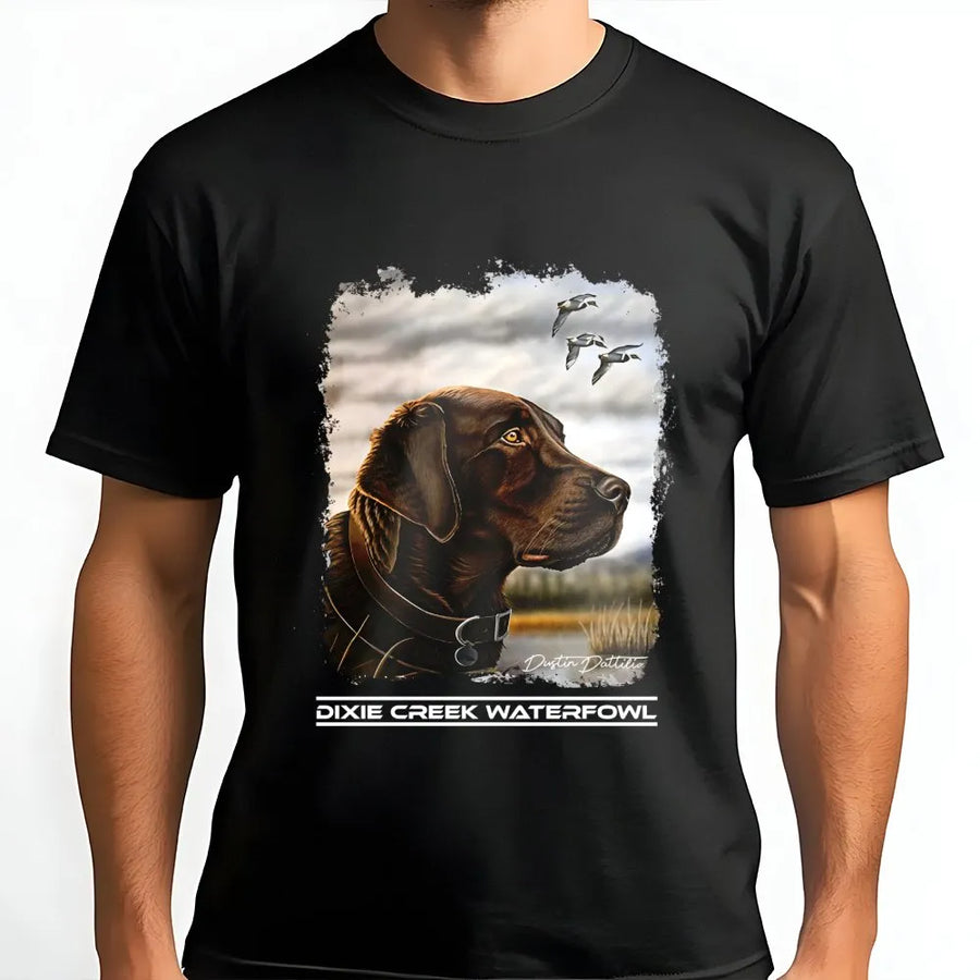 Chocolate Labrador Hunting T-Shirt | Duck Dog Retriever Graphic | Premium Soft Cotton Tee | Outdoorsman Wildlife Gift For Men And Women