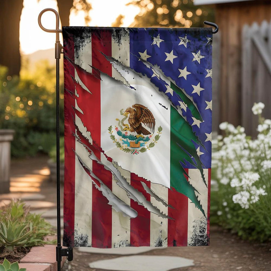 Mexican American Garden Flag | Ripped Dual Heritage Flag Design | Durable Premium Polyester | Patriotic Home Decor Gift for Yard Patio