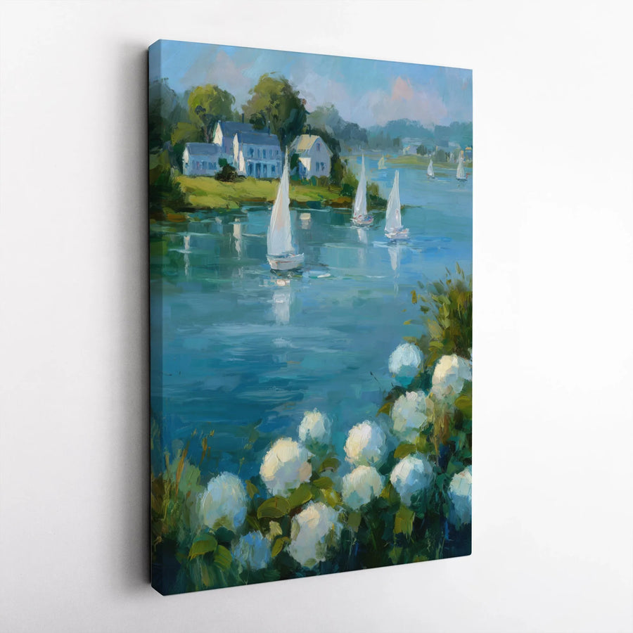 Sailboat Landscape Canvas Art | Impressionist Coastal Hydrangea Wall Decor | Premium 1.25" Gallery Wrap | Gift for Nautical Home Decor Enthusiasts