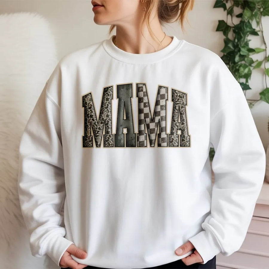Camo Mama Sweatshirt | Checkered Pattern Varsity Lettering | Premium Cotton Blend | Gift for Outdoorsy Mom, Hunting Season Apparel