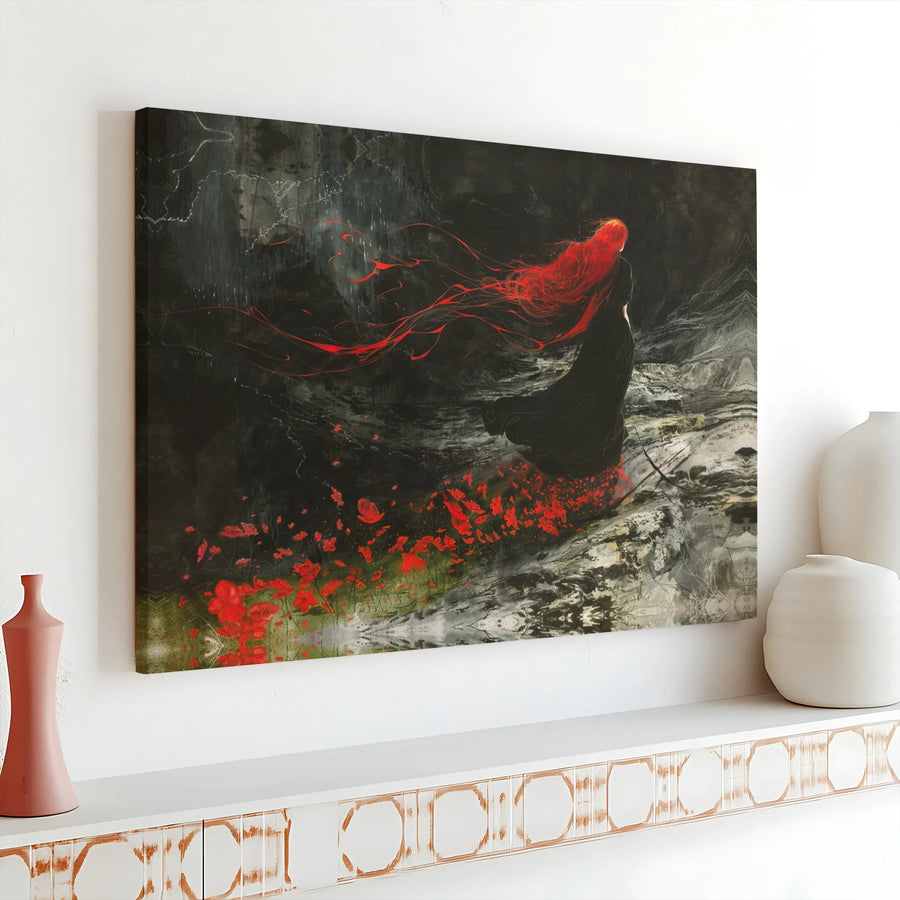 Gothic Woman Canvas Wall Art | Red Hair & Poppy Field Fantasy Print | Premium Gallery-Wrapped Canvas | Collector's Moody Home Decor Gift
