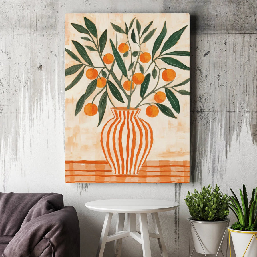 Orange Tree Canvas Print | Modern Citrus Still Life in Striped Vase | Premium Gallery Canvas | Boho Kitchen Decor Gift