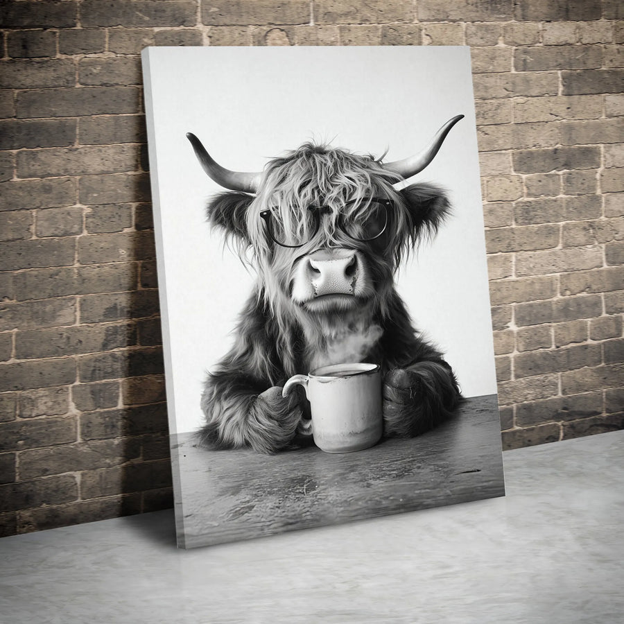 Highland Cow Wall Art | Black and White Coffee Lover Print | Gallery Quality 1.25" Thick Canvas | Farmhouse Decor for Coffee Station