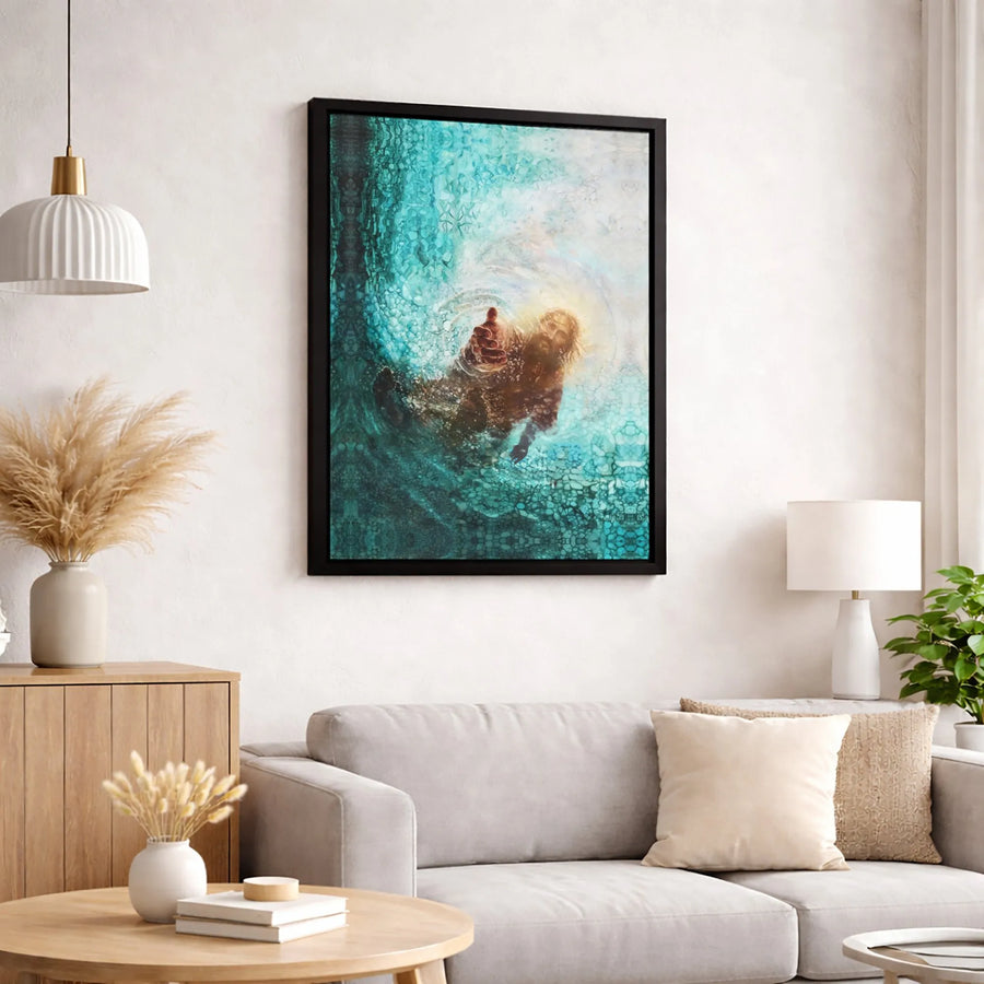 Jesus Reaching Hand From Water Canvas Art | Spiritual Underwater Religious Print | Premium 1.25 Inch Gallery Wrap | Christian Home Wall Decor Gift