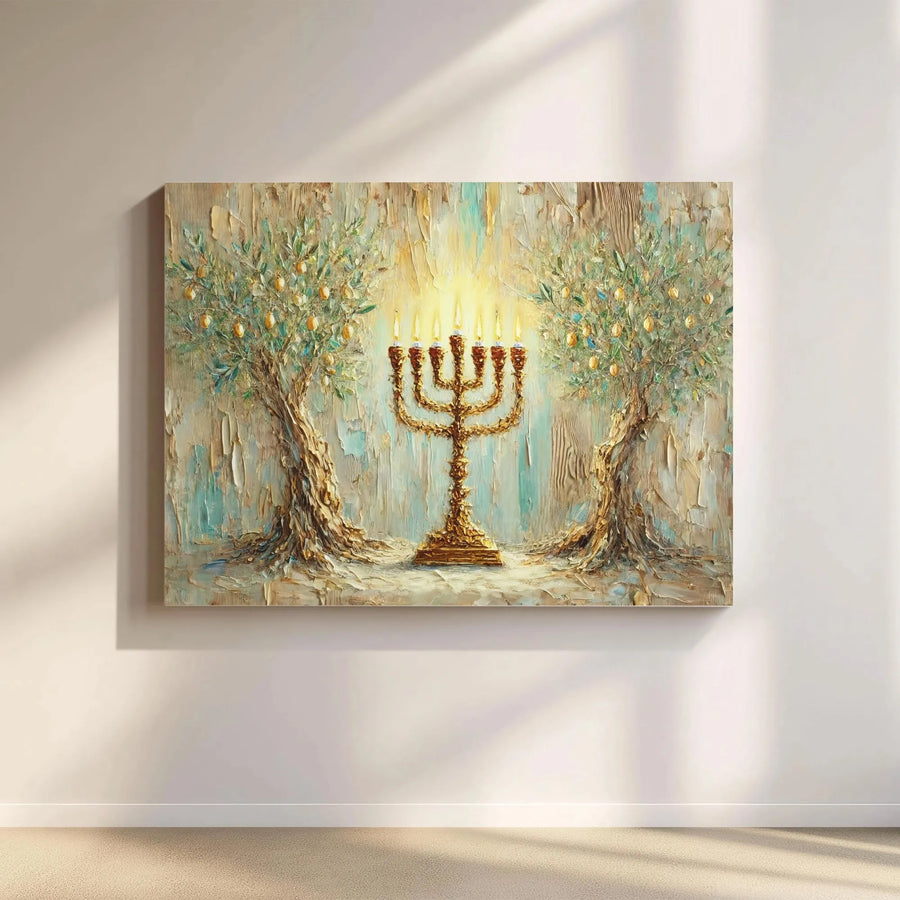 Menorah Canvas Wall Art | Olive Trees Impasto Painting Print | Premium 1.25-Inch Gallery Wrap | Jewish Home Decor and Hanukkah Gift