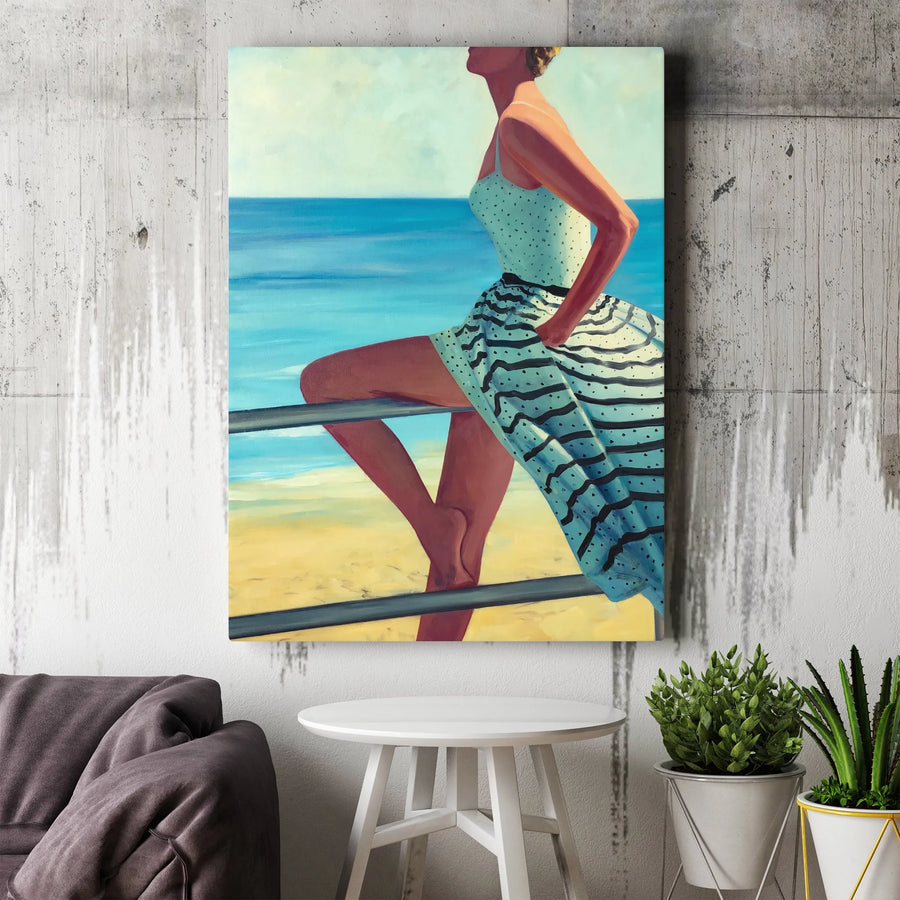 Retro Beach Woman Vertical Canvas | Vintage Style Seaside Painting Print | Premium Gallery Wrapped Canvas | Modern Coastal Home Decor Gift