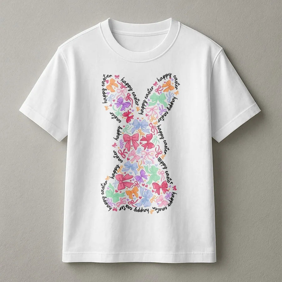 Easter Bunny Coquette T-Shirt | Pastel Ribbon Bow Rabbit Graphic | 100% Cotton Premium Tee | Cute Holiday Gift for Women & Girls