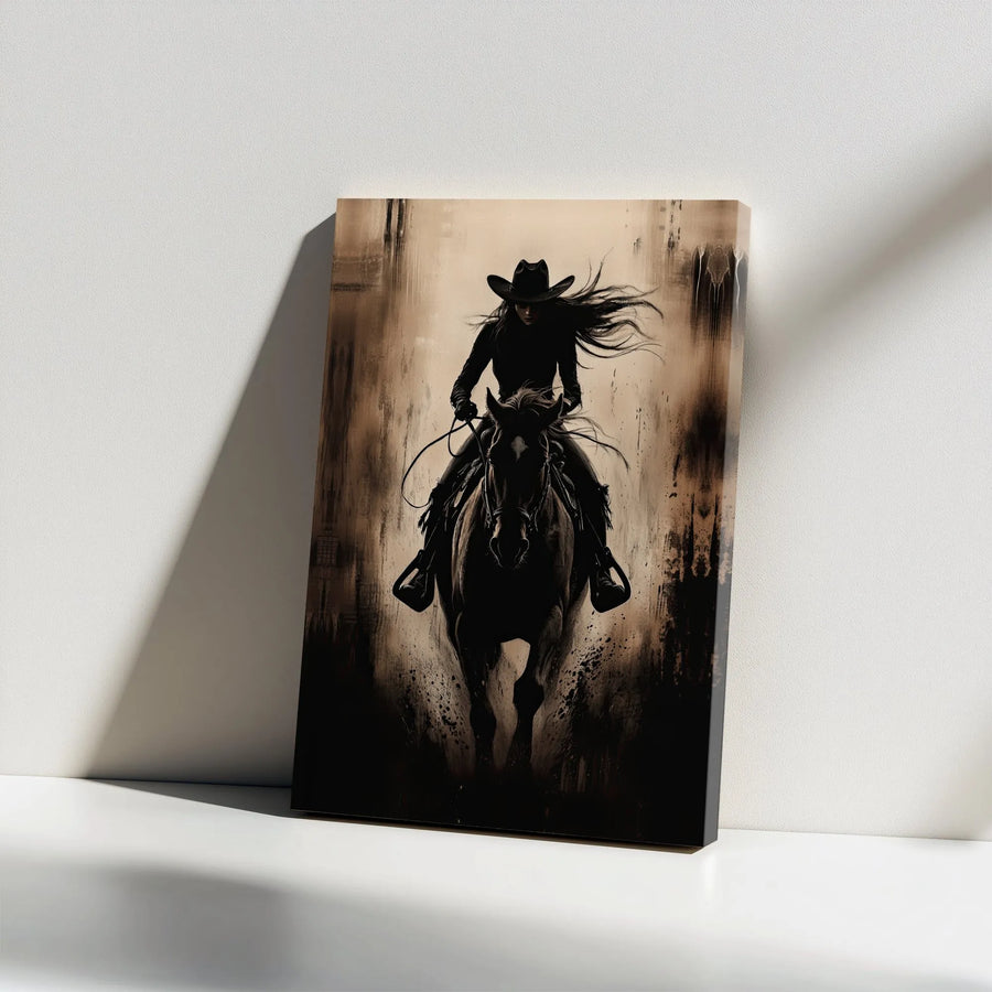 Cowgirl Canvas Wall Art | Moody Abstract Western Rider | Premium Gallery Wrapped Canvas | Rustic Farmhouse Decor Gift for Her