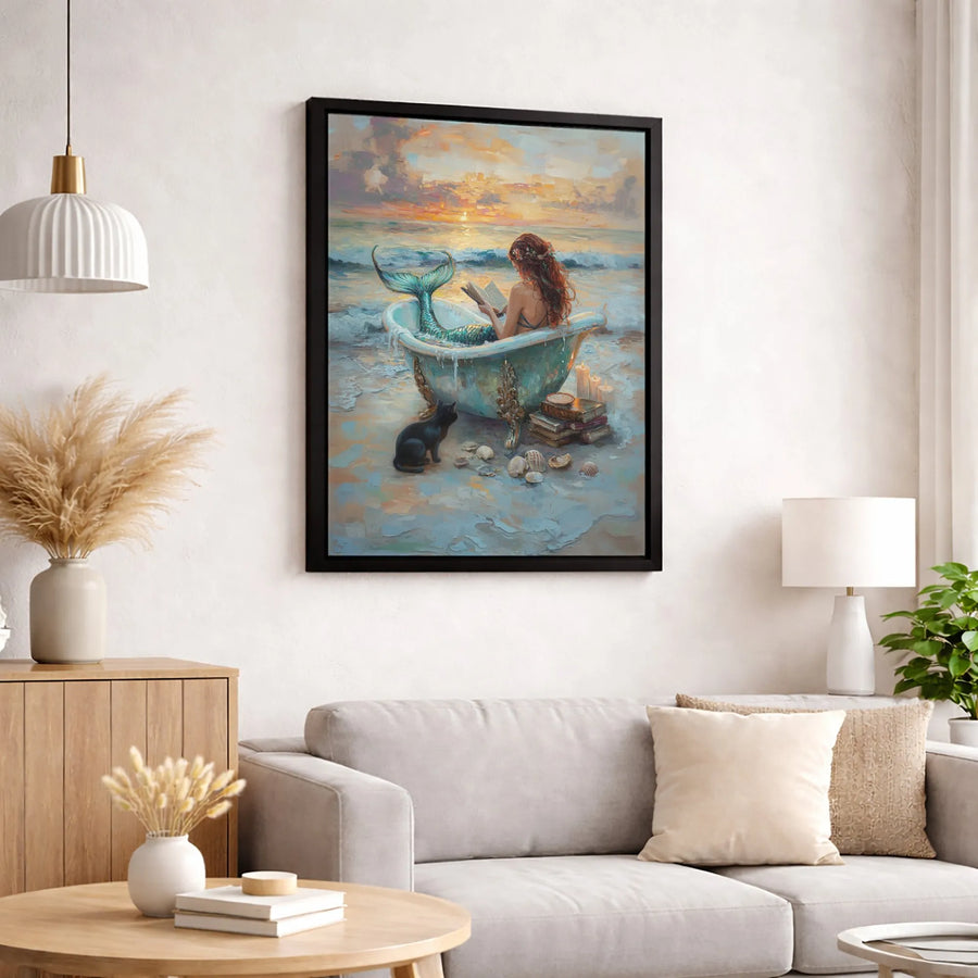 Mermaid Reading Book Canvas Wall Art | Whimsical Bathtub Beach Scene | Premium 1.25 Inch Gallery Wrap | Coastal Home Decor Gift for Book Lovers