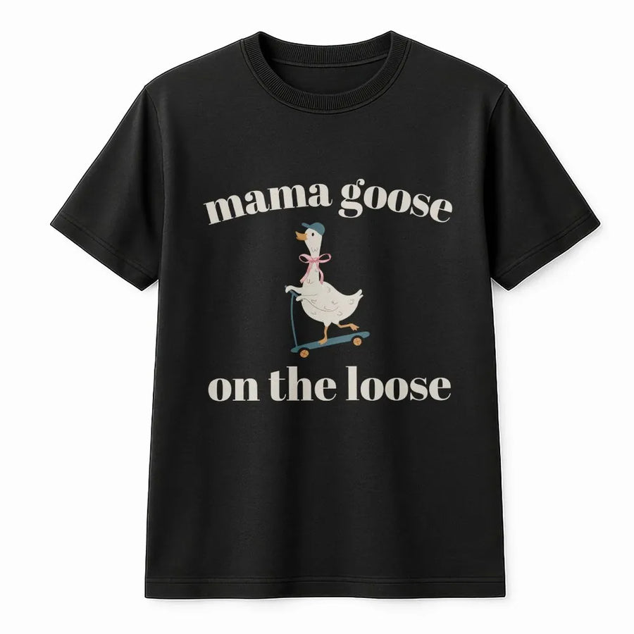 Mama Goose On The Loose T-Shirt | Cute Cartoon Duck Graphic Tee | 100% Premium Soft Cotton | Funny Pregnancy Announcement Gift For Mom