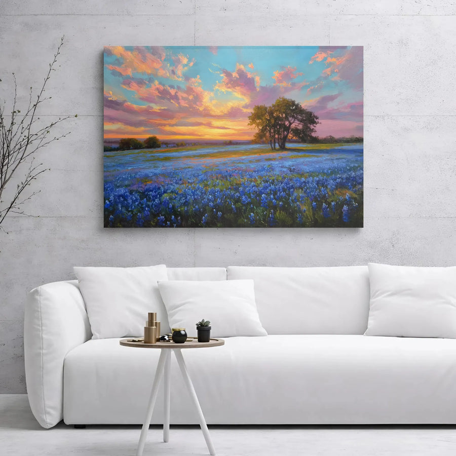 Texas Bluebonnet Landscape Canvas Print | Sunset Wildflower Meadow Wall Art | Premium 1.25 inch Gallery Wrap | Rustic Home Decor Gift