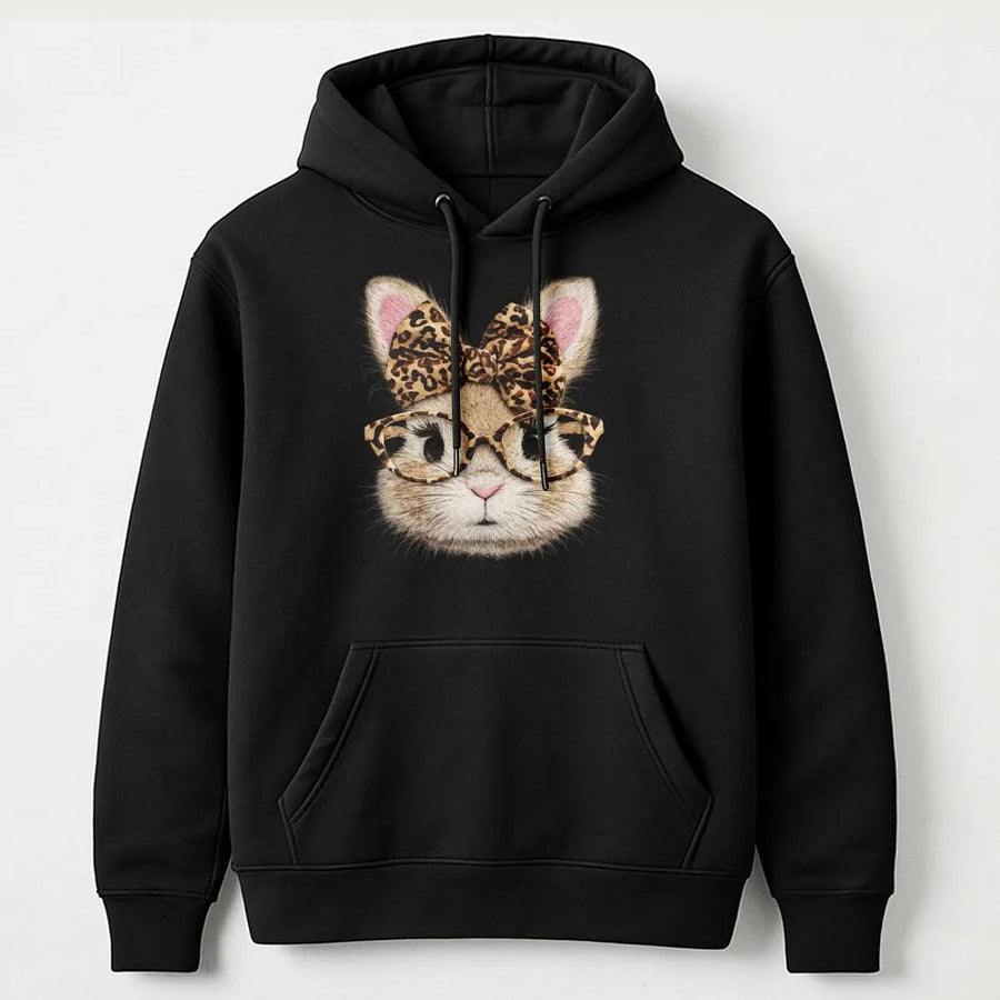 Cute Bunny Hoodie | Leopard Print Bow and Glasses Rabbit Graphic | Premium Cotton Blend | Easter Gift for Her and Bunny Lovers