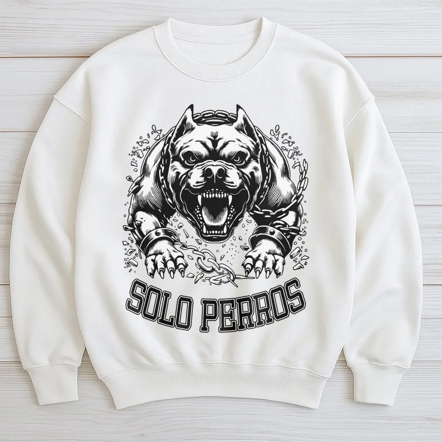 Pitbull Sweatshirt | Solo Perros Graphic Streetwear | Premium Cotton Blend Crewneck | Edgy Urban Chicano Style Gift For Dog Lovers